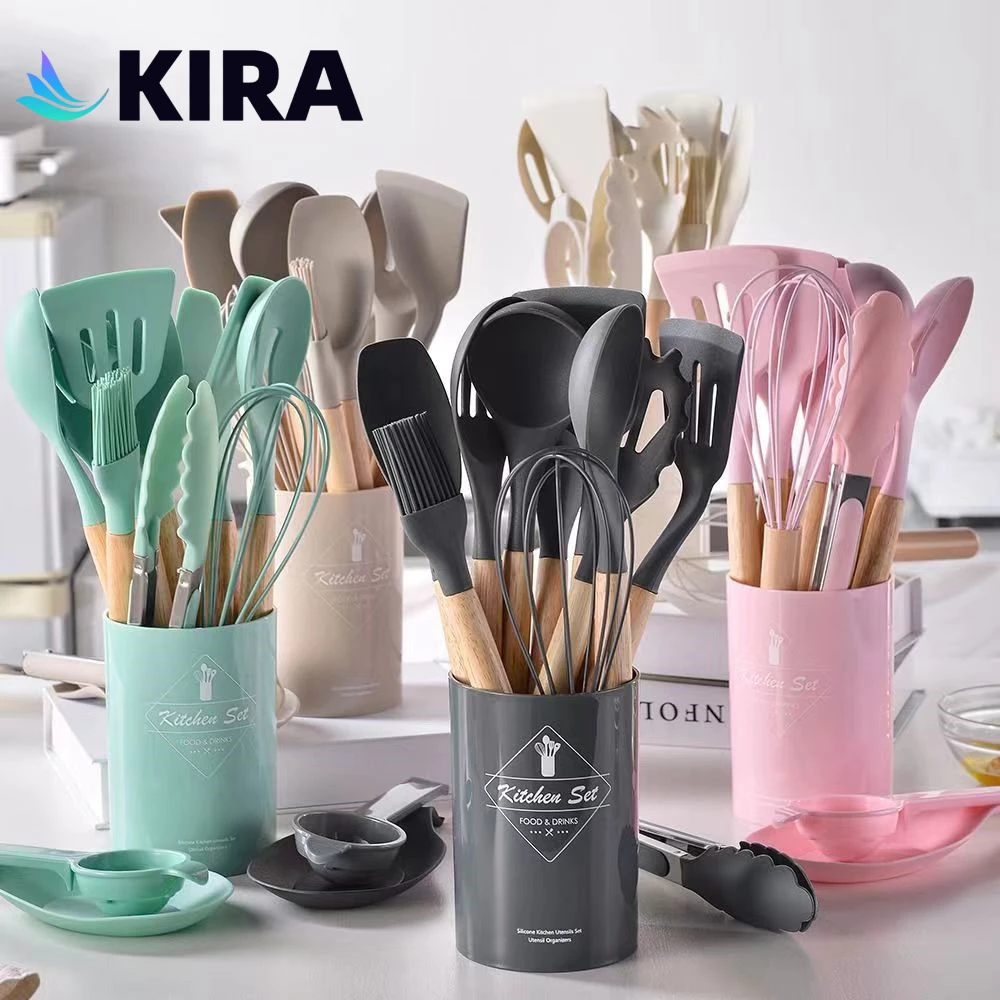 Kira Silicone Kitchen Utensil set 12Pcs Wooden Handle Spatula cooking utensil set Soup Ladle Turner sandok
