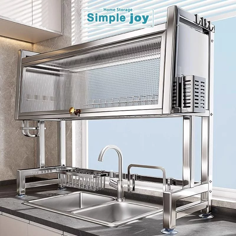 SimpleJoy Stainless Steel Sink Rack with Cover 304 Over Sink Dish Rack with Cover Large Capacity Dish Rack Kitchen