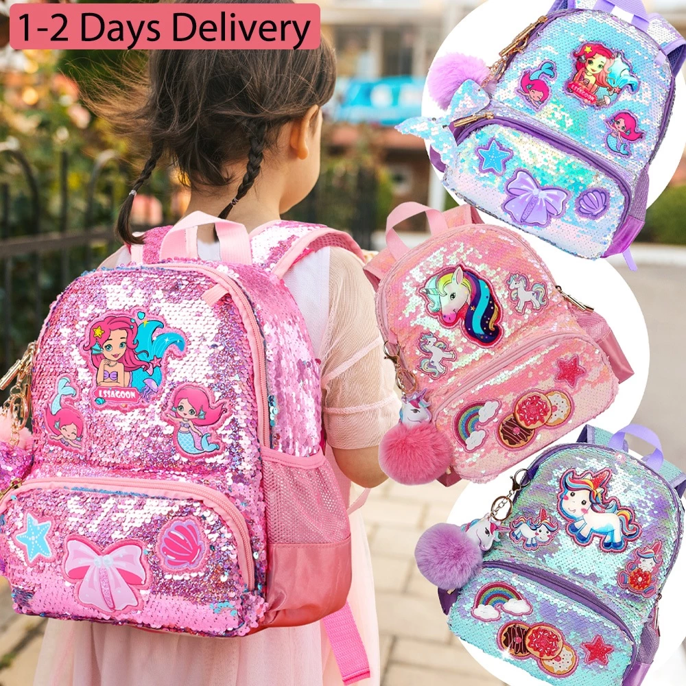 Bag for Kids Girl School Bag for Toddler Girl Mermaid Sequins Bag pack for Girl, Daycare Mermaid Bag for Kindergarten