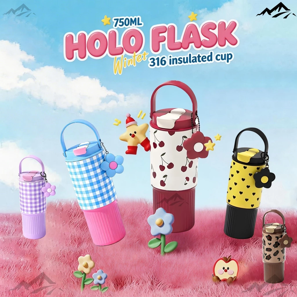 Holo Flask Water Bottle Tumbler And Cold Cartoon Thermos Cup Large Capacity Double Drinking Cup cute Portable Straw