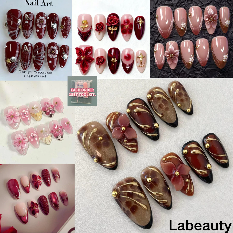 Handmade Artificial Press on Nail Sweet Love Crystal Phototherapy Fake Nails Set Reusable Removable With 4in1 Free