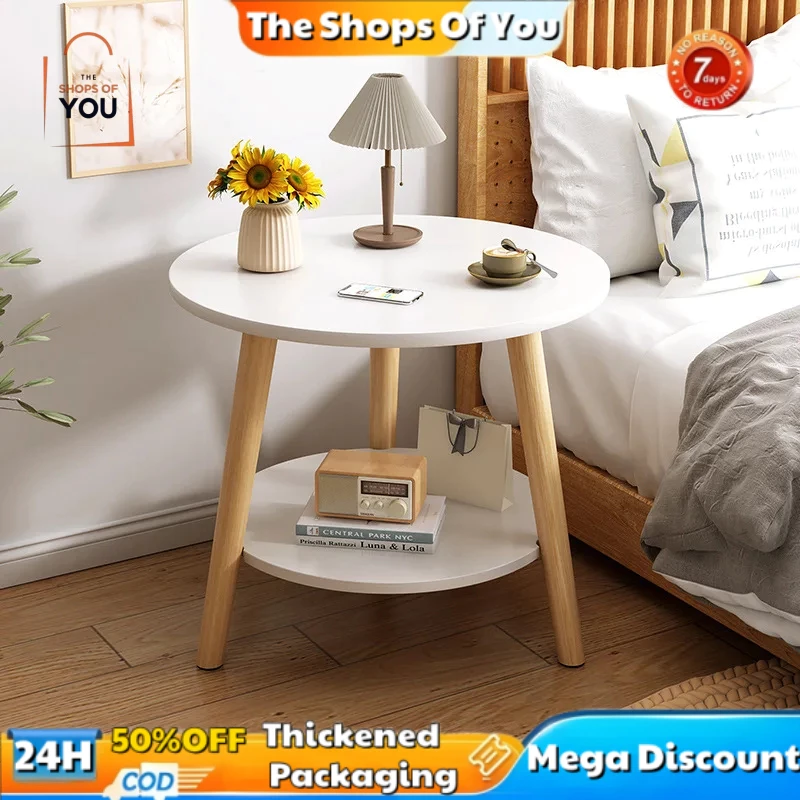 Tsoy Modern Minimalist Round Solid Wood Coffee Table Double Layer Compact Side Table With Safe Rounded Corners