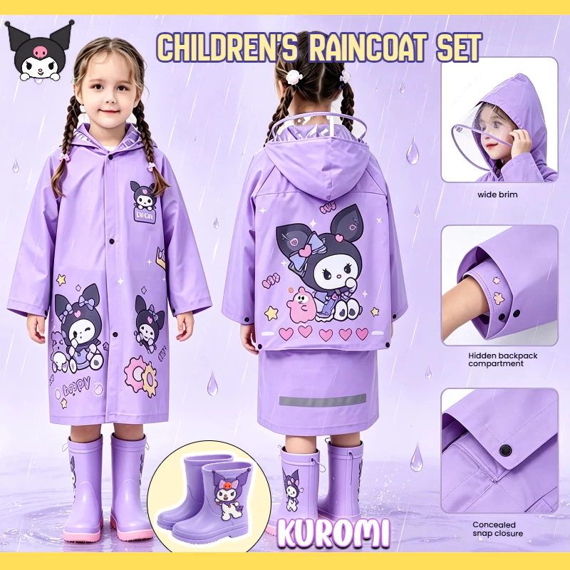 Kuromi Raincoat for Kids Waterproof Extendable Backpack Night Reflective Strip Raincoat With Children