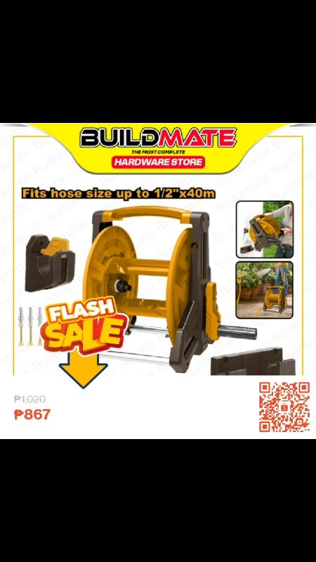 🛒✅‼️USE VOUCHER‼️✅BUILDMATE Ingco 1/2" Inch 40M Garden Hose Reel Wheel Cart for Lawn & Gardening Tools HHR40122 - IHT