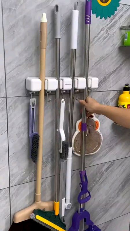 Wall Mounted Mop Holder Rack | Adhesive Broom Organizer Hook | No -Drill Multipurpose Hanger