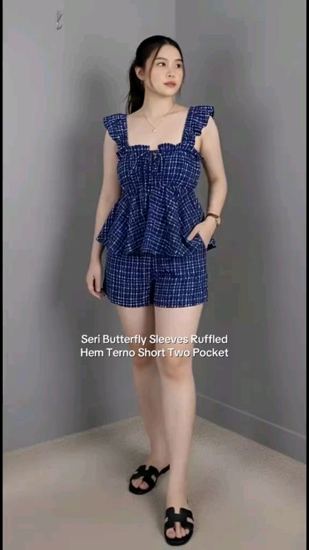 Seri Butterfly Sleeves Ruffled Hem Terno Short Two Pocket Womenswear Casual Sets #ButterflySleeves #RuffledHem #CasualWear #WomensSets #PocketDetails