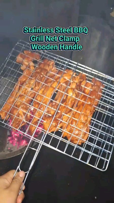 Stainless Steel BBQ Grill Net Clamp  Wooden Handle, Perfect for Grilling Meat & Fish #MasMuraSaShopee #HugotSaShopee #FreeCoinsInShopeeVideo #getyours