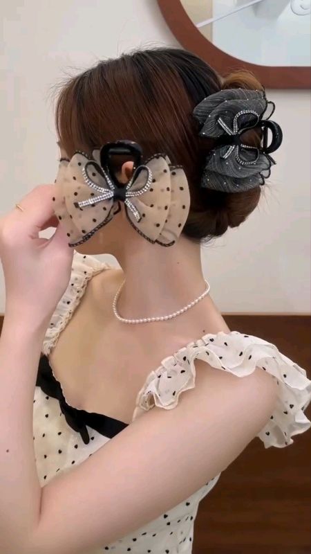 Shiny Bow Polka Dot Grab Clip Mesh Bubble Hair Clip Female Shark Clip Back Head Hair Headdress