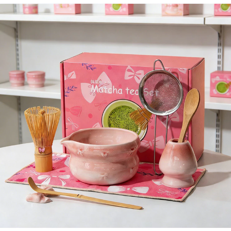 Pink Matcha Set 4 7 Pcs,Ceramic Matcha Set Matcha Kit for Matcha Lovers Cherry Blossom Pattern Match