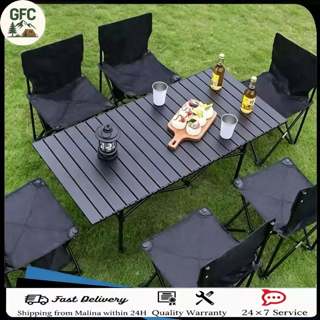 Foldable Outdoor Camping Table & 2 8 People Portable Folding Chairs Set with Storage Bag for BBQ