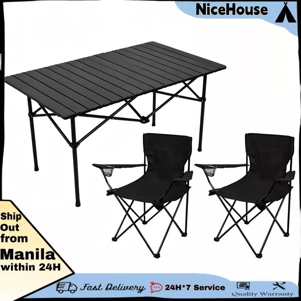Foldable Chairs with Armrest & Camping Table Portable Folding Set with Storage Bag For Outdoor BBQ