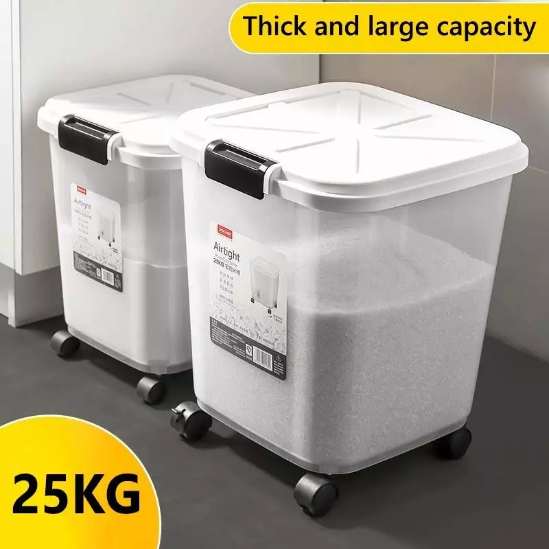 25KG Rice Dispenser Rice Container w cup & wheels Kitchen StorageAirtight InsectProof Rice Bucket