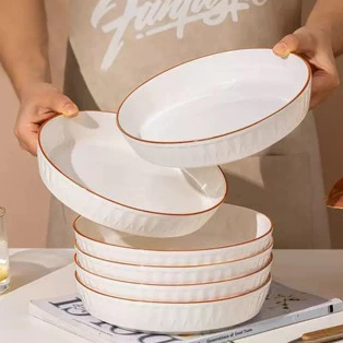 Ofnature Ceramic Serving Plate 8 inch Gold Rim Deep plates Salad Pasta Bowl Dish