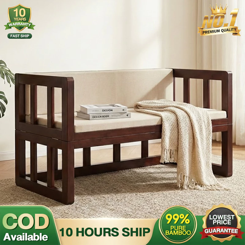 Bamboo Folding Sofa Bed With Adjustable Height And Cushion Double Rest Chair Walnut Color