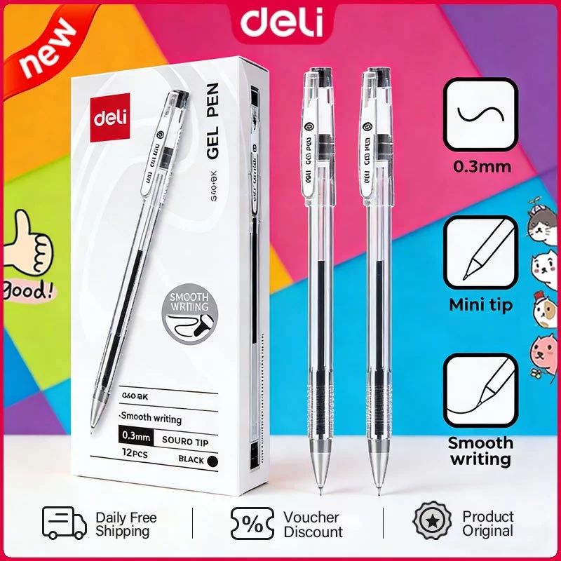 Deli 12Pcs Ultra Fine 0.3mm Exam Gel Pen Black Ink for Note Taking