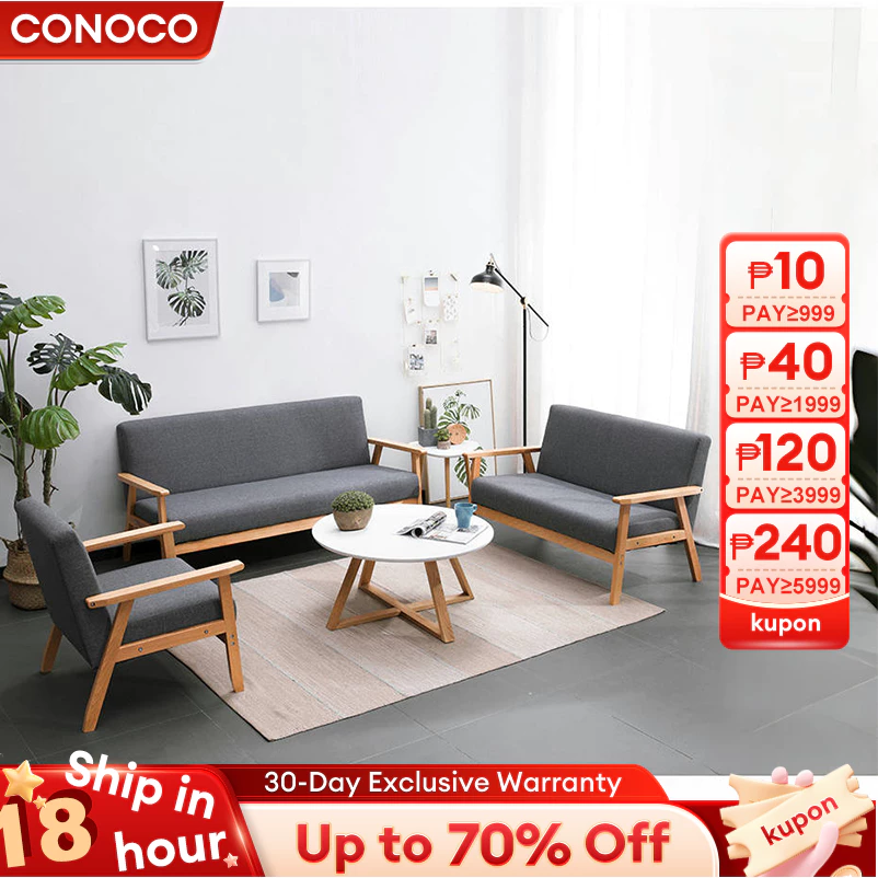 Conoco Nordic Solid Wood Sofa Chair Modern Living Room Lounge Sofa Khaki Gray 1 2 3 Seater