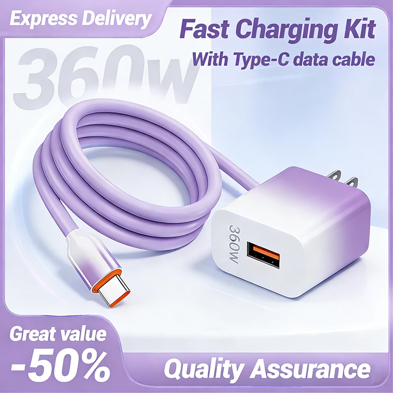 360W Super Fast Charger for Android | 6A Type C Micro USB | Liquid Silicone Cable | Purple Plug