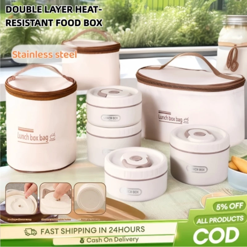 Microwave Heated Stainless Steel Lunch Box with Compartments and Soup Bowl Portable and Lea