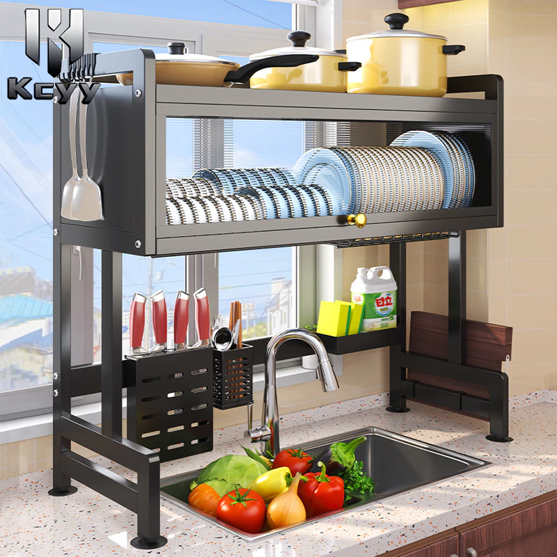 Metallic Dish Cabinet Rack Dustproof Drain Rack With Cabinet Door Multi functional Sink Rack