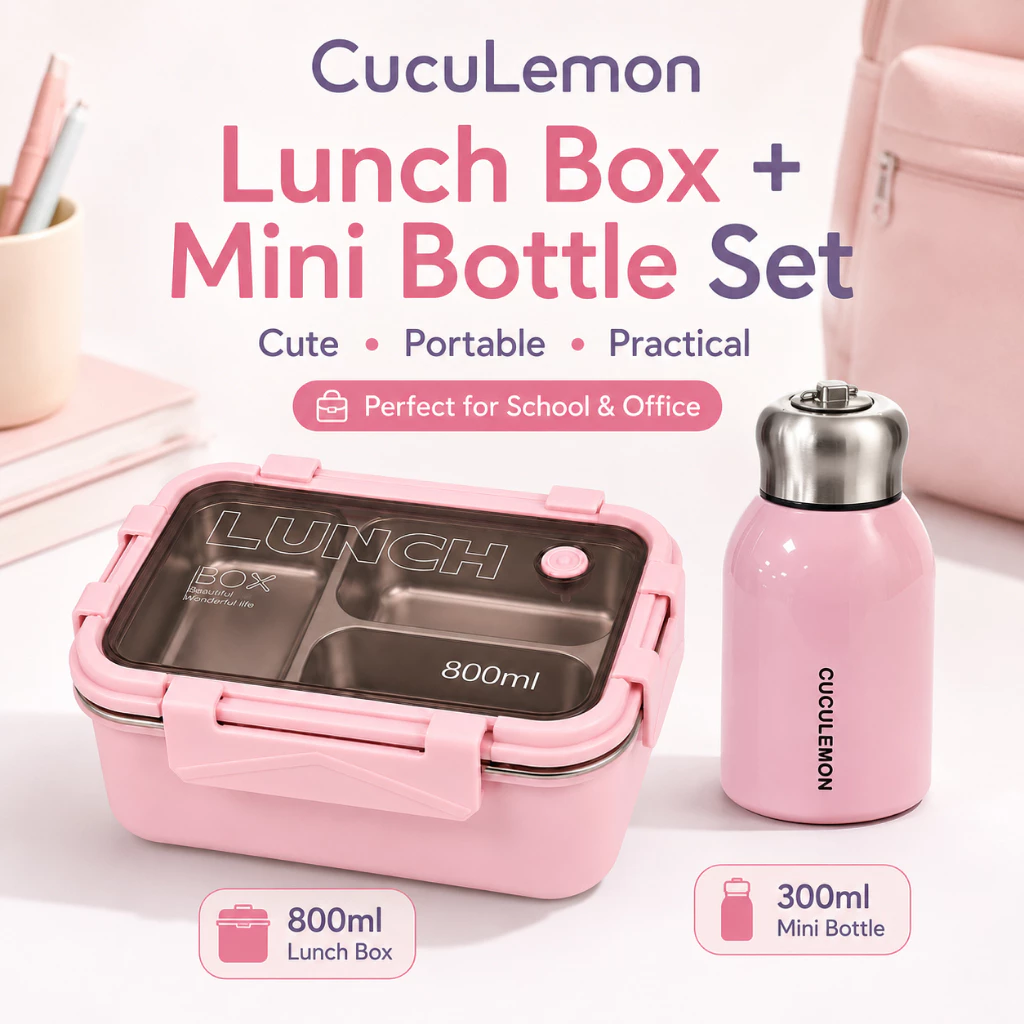 CucuLemon Lunch Box Mini Bottle Set 800ml Food Grade SUS304 Stainless Steel Bento Box 300ml Bottle