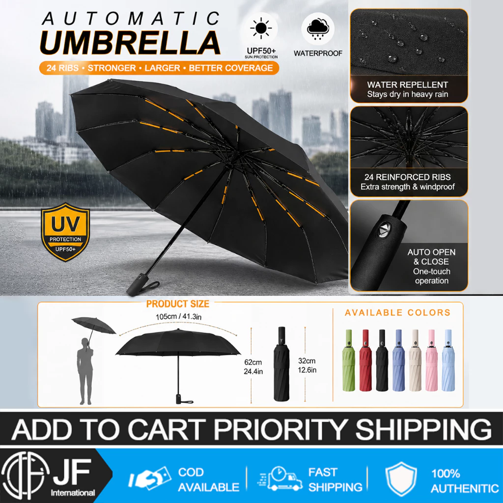 JF Automatic Folding Umbrella with 24 Rib Windproof Construction, Multiple Colors