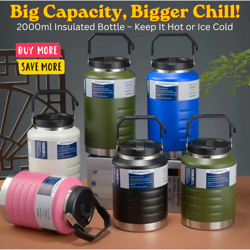 2000ml Stainless Steel Insulated Vacuum Bottle with Magnetic Lid (Large Capacity)