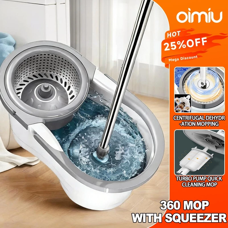 Oimiu 360 Mop With Spinner Rorating Map Squeezer Floor Cleaning Heavy Duty Tornado Mop Bucket Set