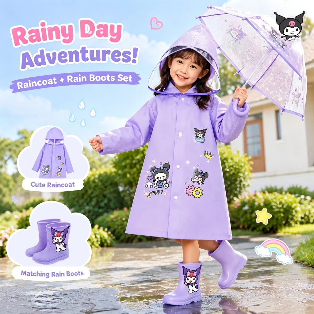 Outdoor Kids Kuromi Rainwear Waterproof Hooded Foldable Raincoat Widen Lengthen Can Pair Backpack