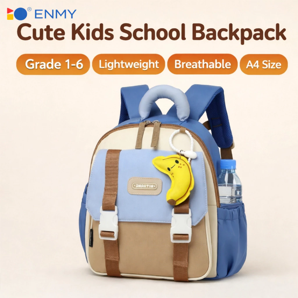 Enmy Kids School Backpack for Grade 1 6 Lightweight Breathable A4 Bag with Fruit Charm