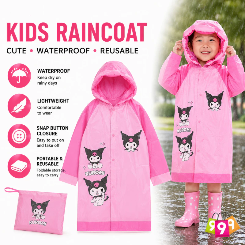 Kuromi Cartoon Waterproof Children's Raincoat Kids Raincoat Rain Cape With Inflatable Brim