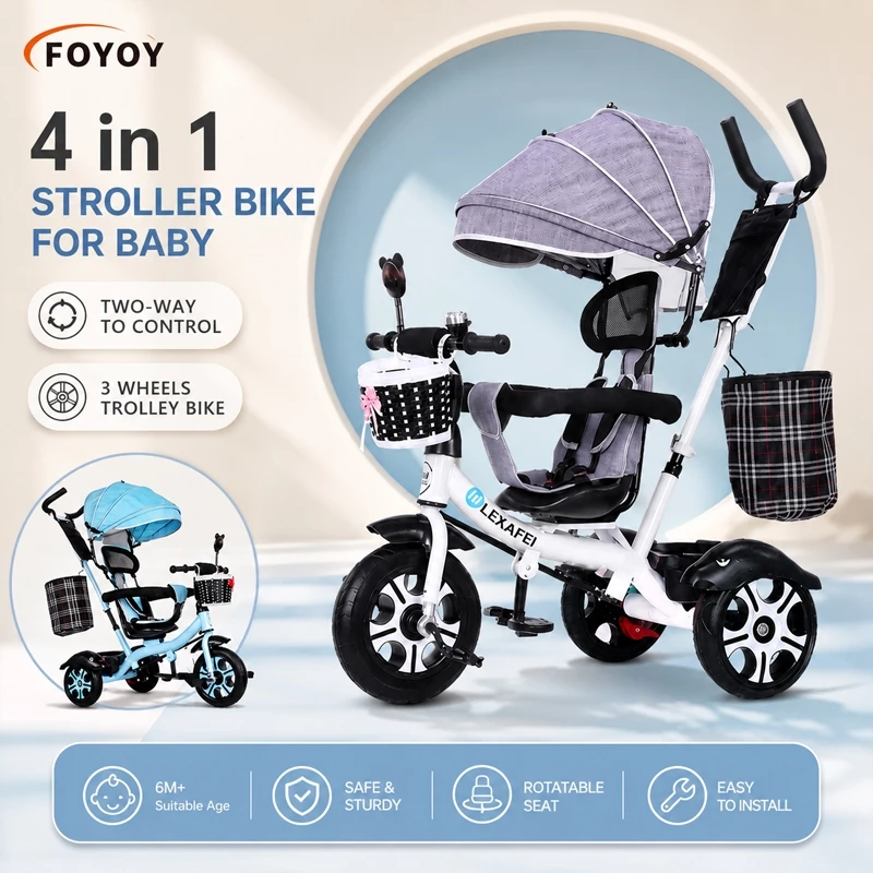 4 in 1 Baby Stroller Tricycle for Kids 3 Wheels Trolley Bike with Push Handle Canopy Rotatable Seat