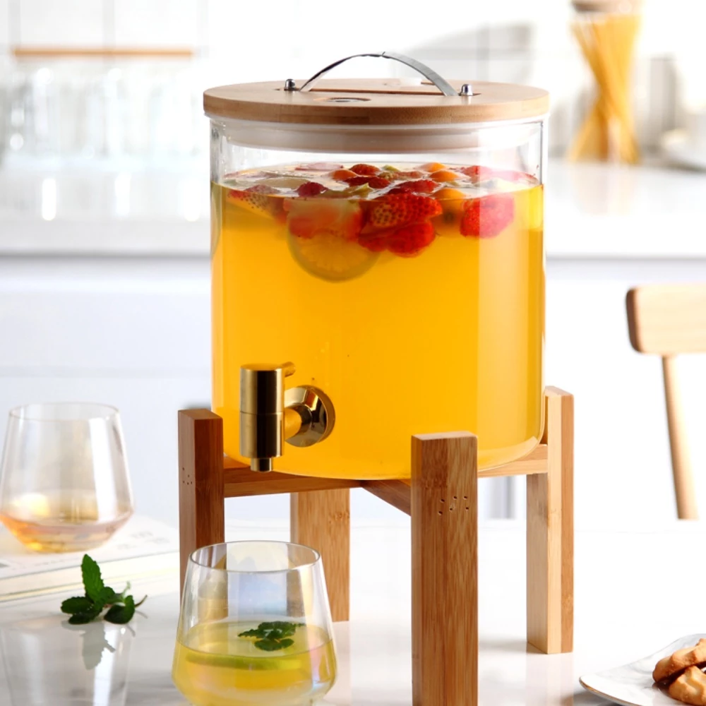 Locaupin Borosilicate Glass Bamboo Lid Water Jug Dispenser with Wooden Stand & Cold Pitcher Jar
