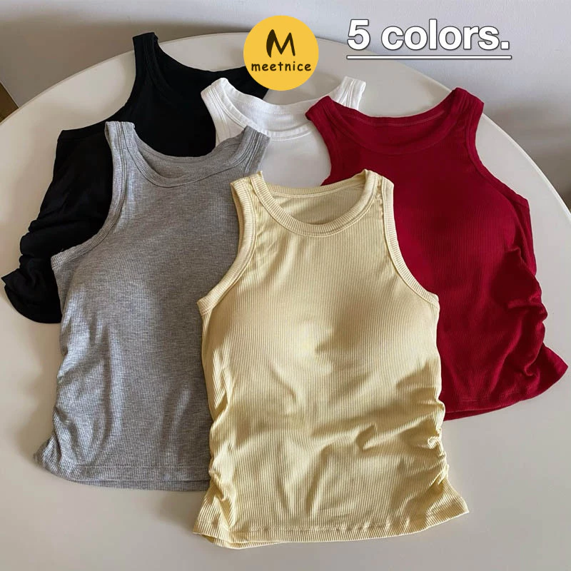 Women's Camisole Solid Color Sleeveless Tank Top For Woman With Chest Pad Side Pleated Design Vest Slim Fit Outer Wear