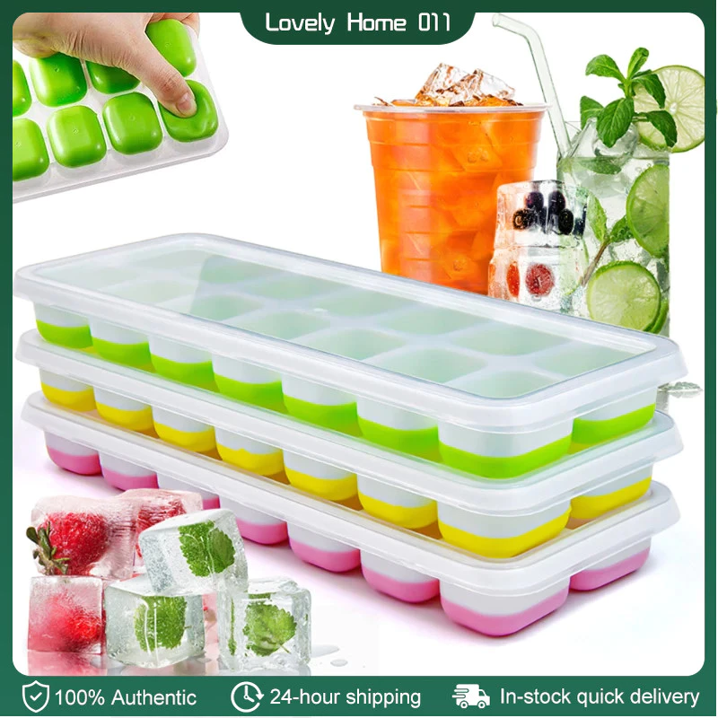 14 Grids Silicone Ice Cube Tray Mold with Clear Cover Maker Freezer Kitchen Baby Food Maker Tray