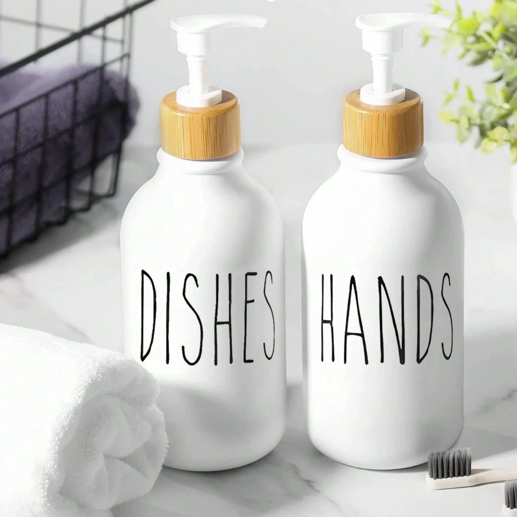 2pcs 500ml Refillable Dish Soap Dispenser Bottle with Bamboo Pump Kitchen Liquid Soap Dispenser Hand