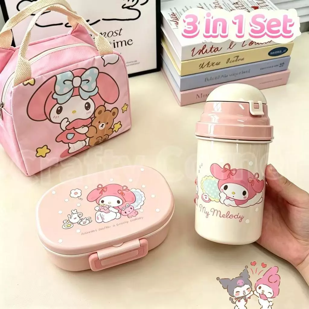 3in1 Cartoon Lunch Box&Water Bottle Set Kawaii Bento Box Set Student Tableware Supplies