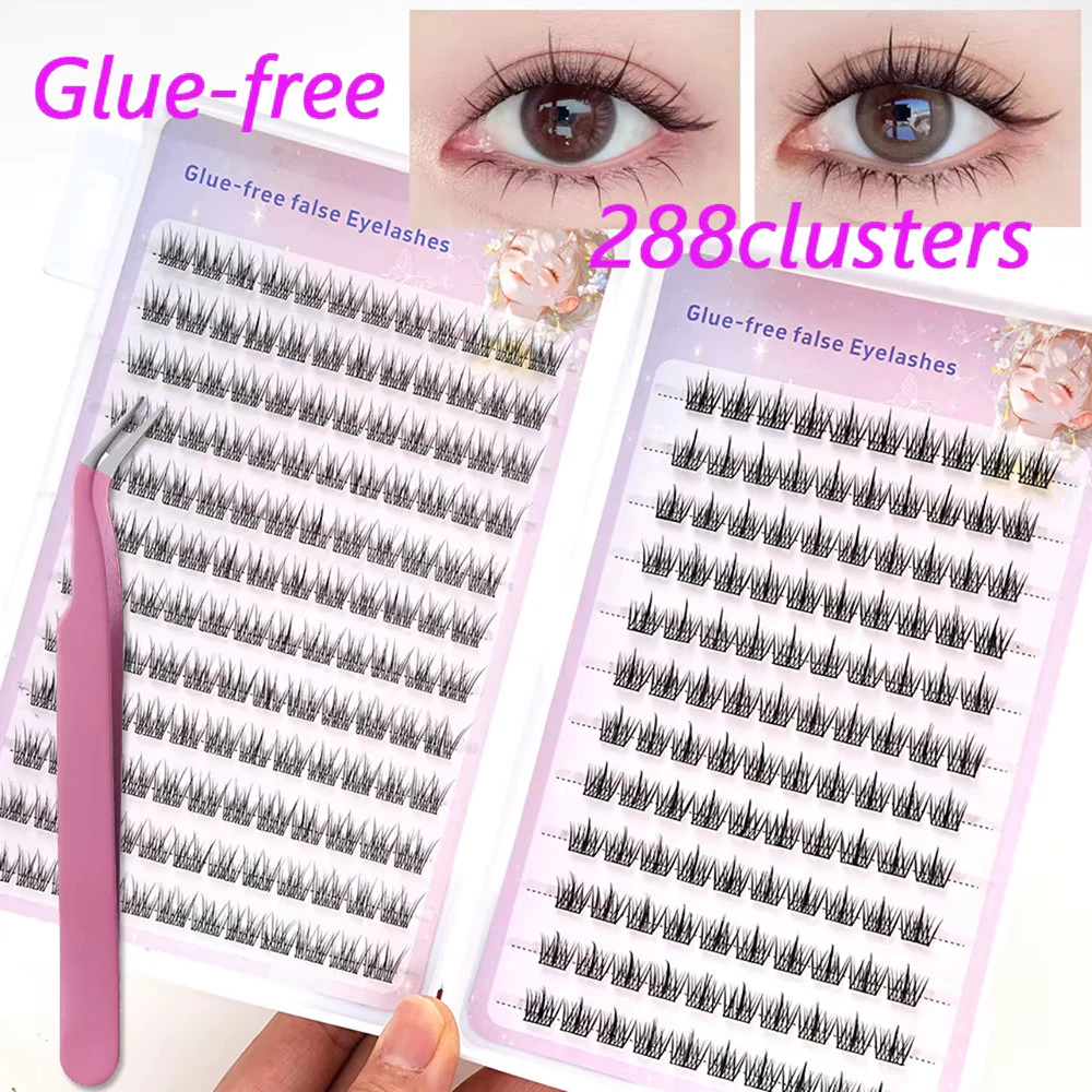 288 Cluster False Eyelashes with Tweezer Glue free Self adhesive 10 12mm Lash Extension Makeup Tool