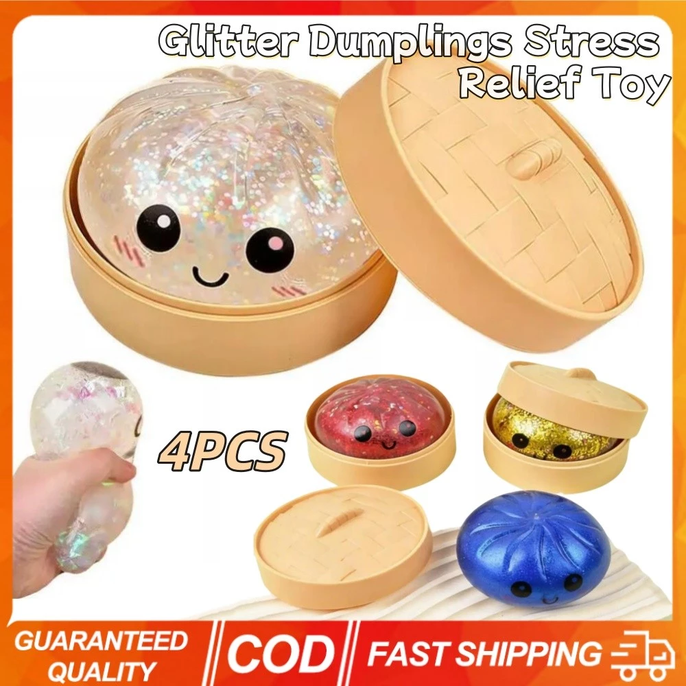 () 4PCS Glitter Dumplings Stress Relief Toy Cute Steamed Bun Squishy Toy with Steamer Box Fidget Toy Premium Soft